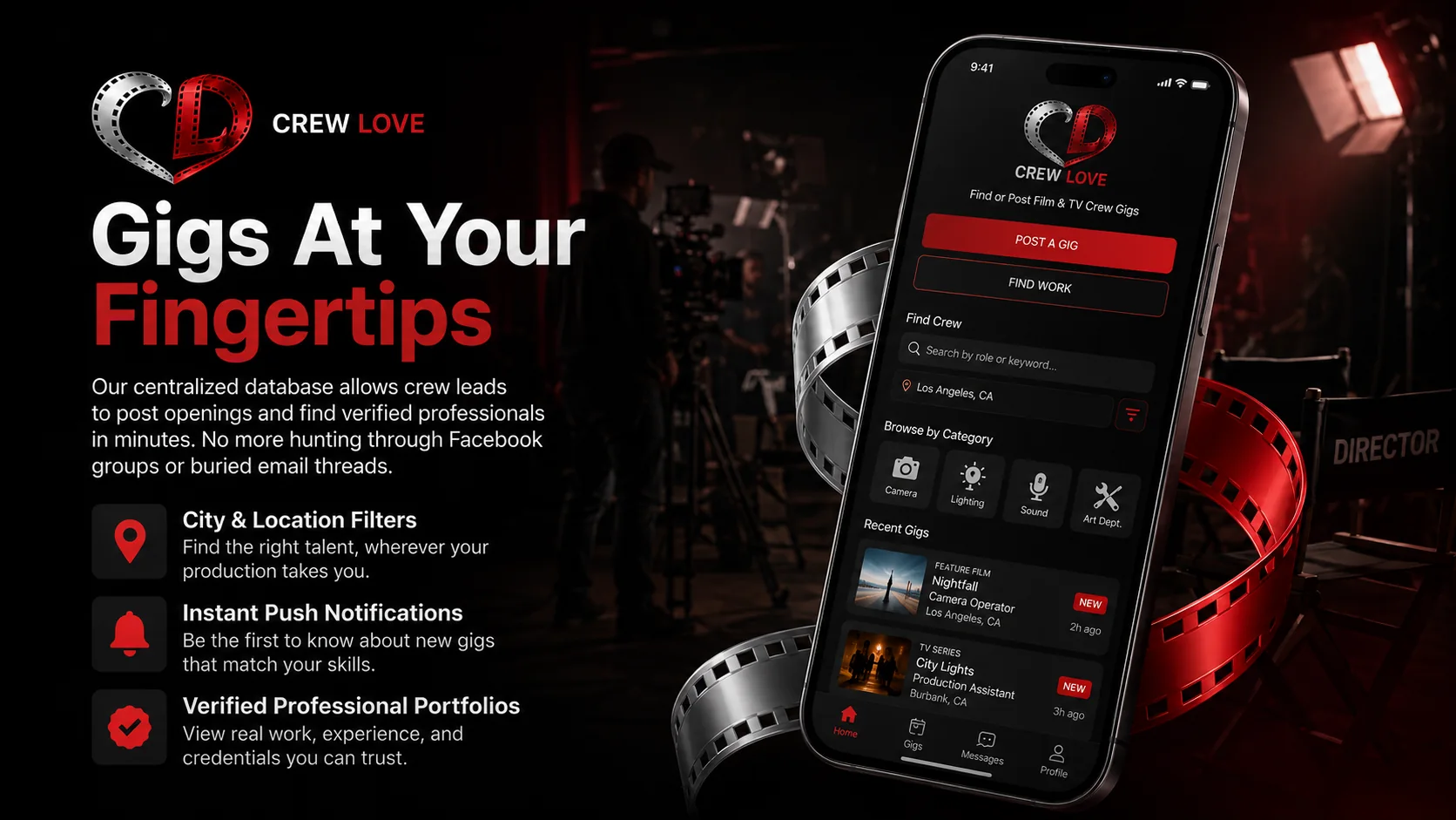 Crew Love app promotional image showing gigs at your fingertips